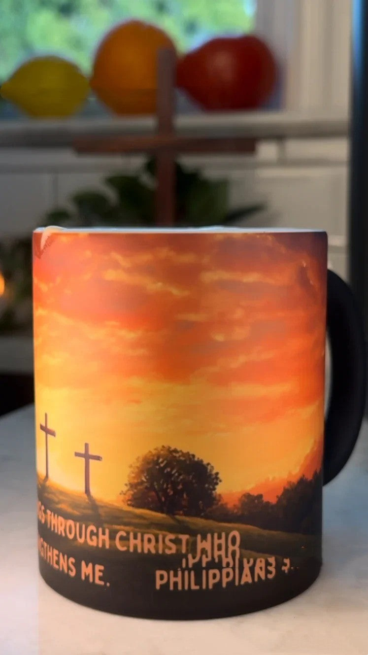 Heat-changing ceramic mug revealing inspirational scripture verse when warm