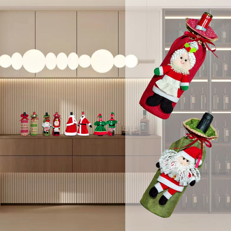 Set of two Christmas wine bottle dress-up covers in coordinating holiday designs