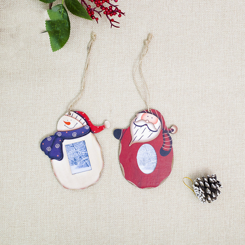 Painted wooden Christmas photo frame pendant with festive design for holiday decor