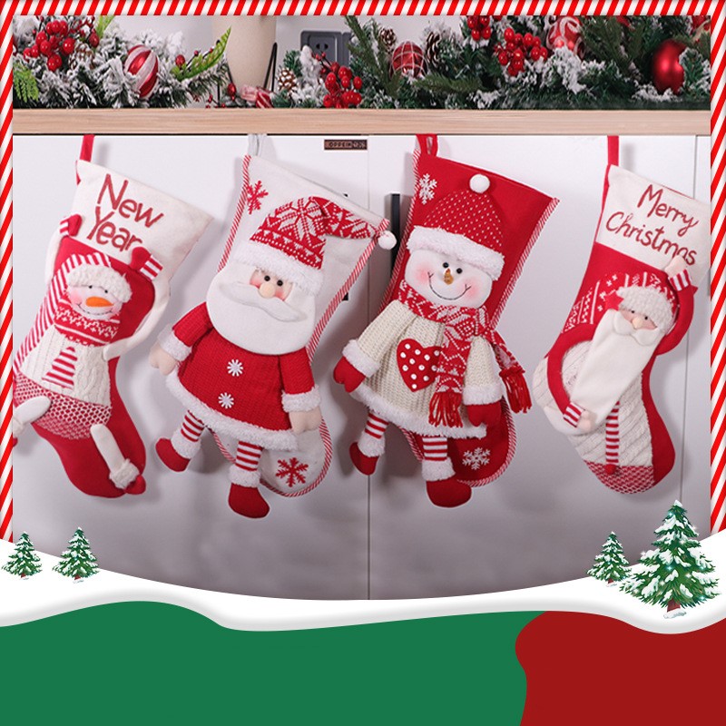 Red and white cloth Christmas stocking decoration for holiday home decor Main image