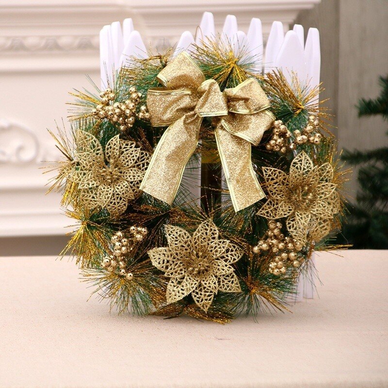 Christmas ornament garland with multicolor accents against holiday backdrop