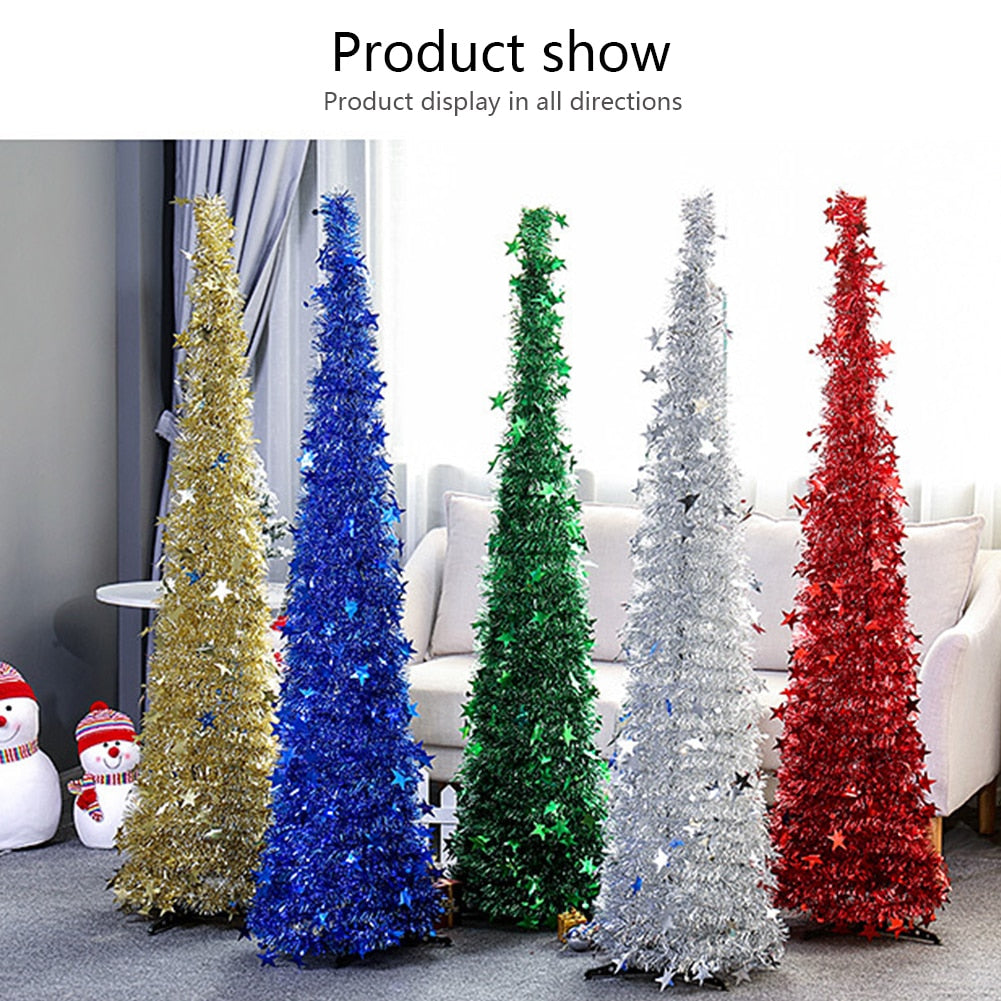 Assembled 1.5m sequin Christmas tree with metal stand in festive room