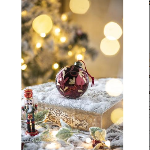Set of 6 red glass Christmas ball ornaments hanging on a tree branch