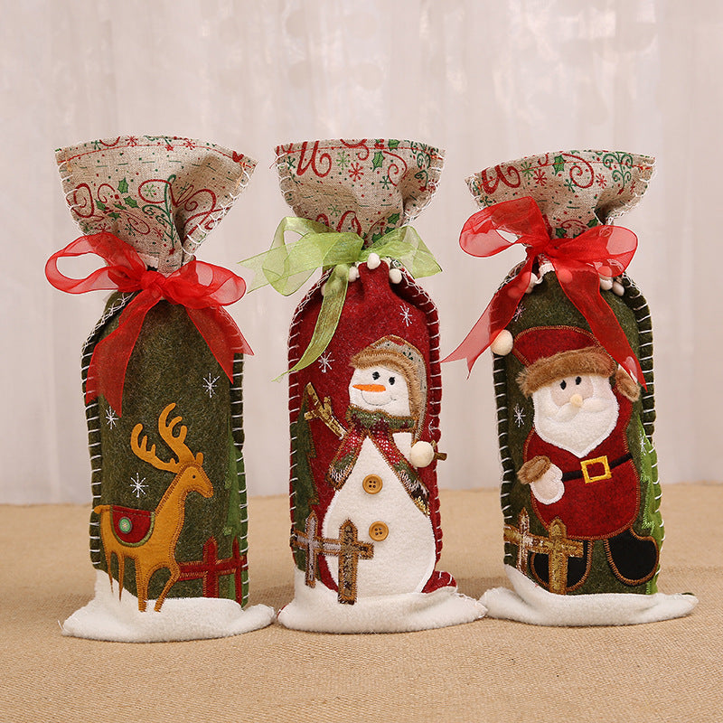 Ribbon wine bottle cover featuring deer motif for Christmas table settings