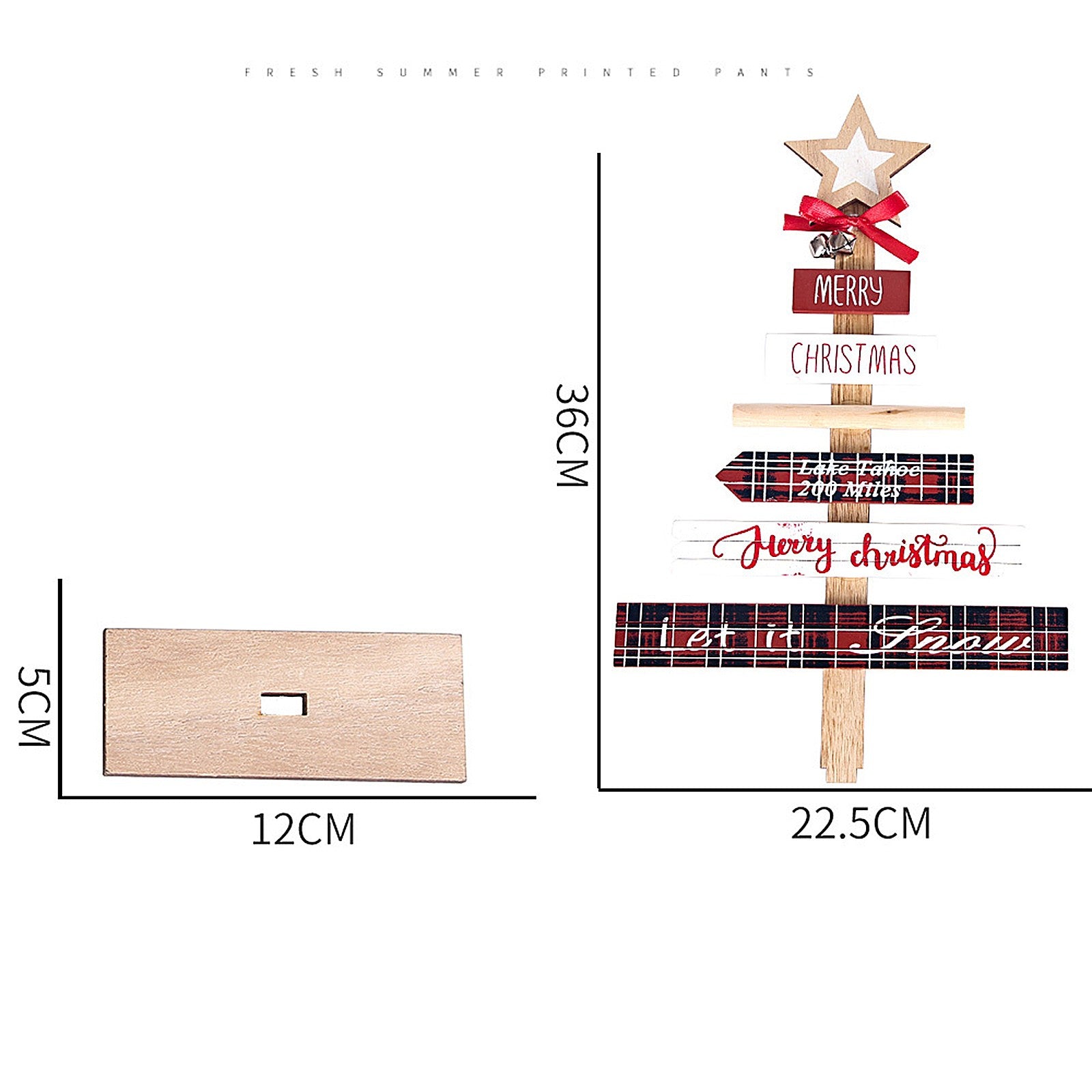 Close-up of wooden Christmas tree decor featuring holiday letters and pine silhouette