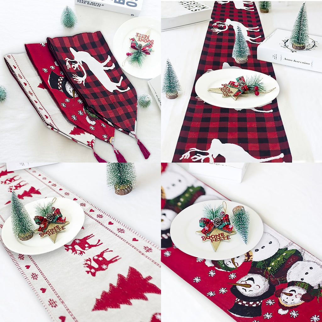 Elegant Christmas table runner displaying festive elk and snowman patterns