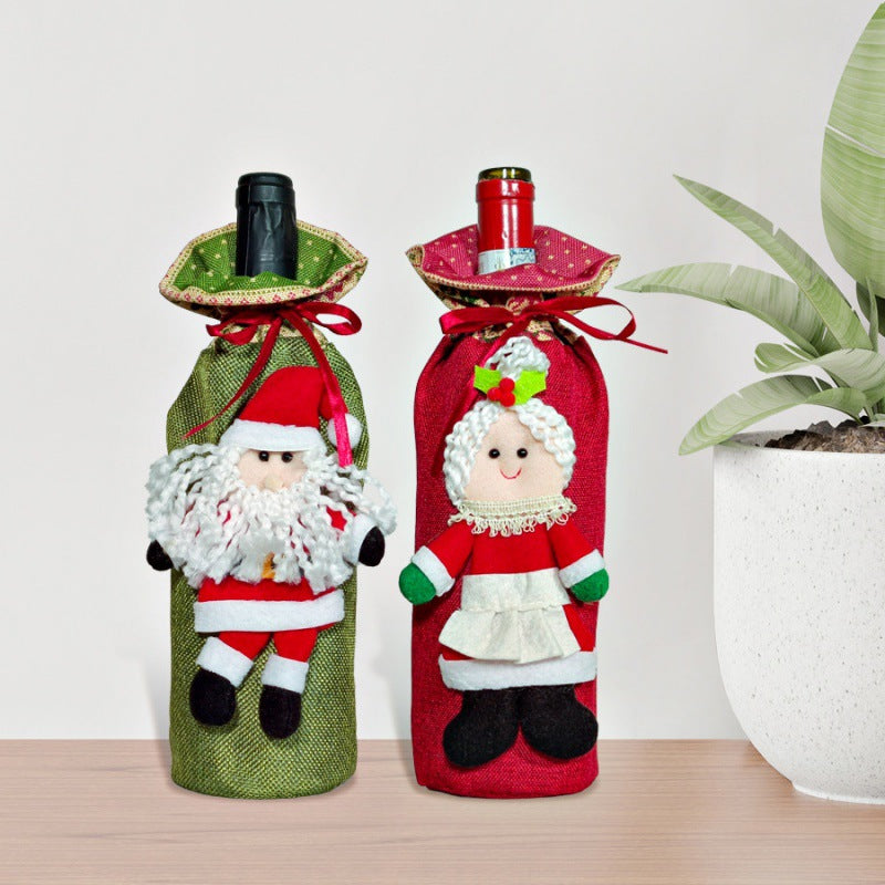 Festive cloth wine bottle cover with holiday styling for Christmas celebrations