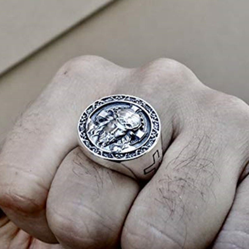 Man wearing the Jesus cross punk ring demonstrating the style and fit on hand