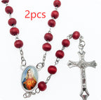 Multiple wooden rosary necklaces showing variant colors