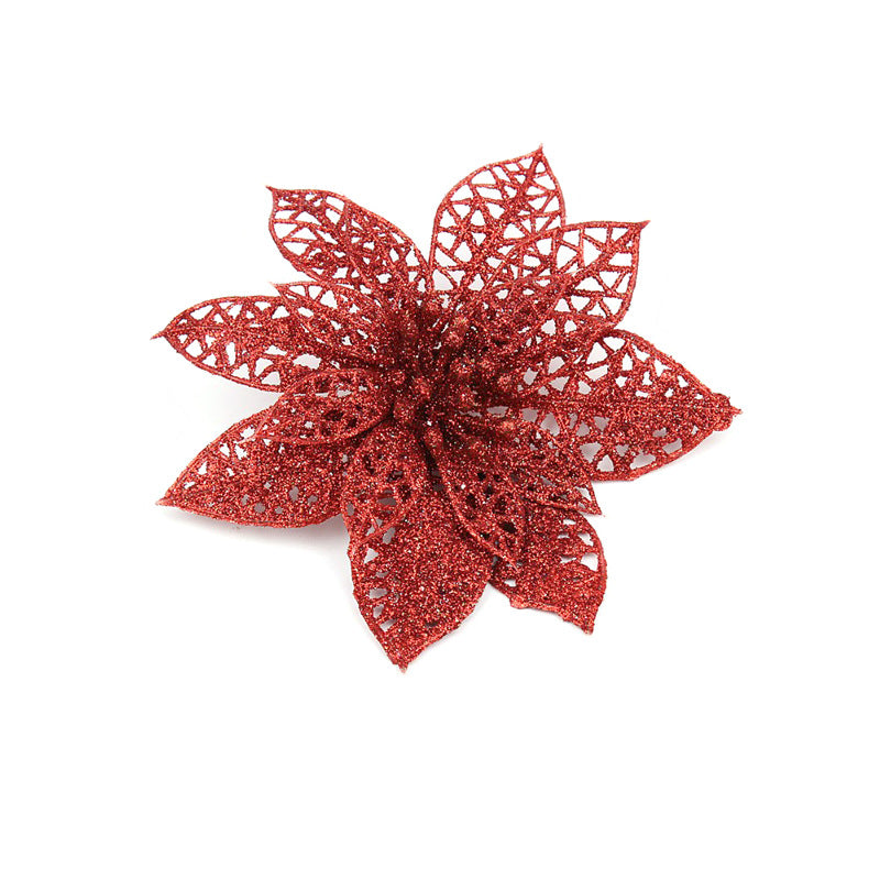 Close-up of Christmas glitter flower ornament detail and sparkle finish