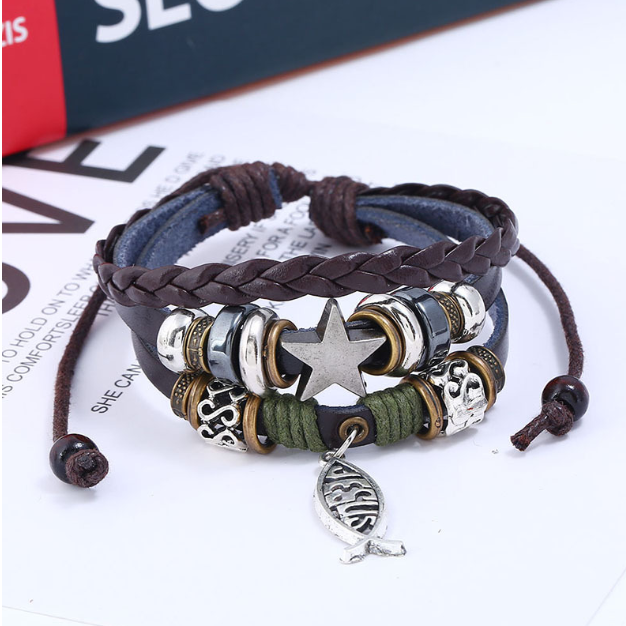 Vintage leather bracelet with Jesus fish and cross charms