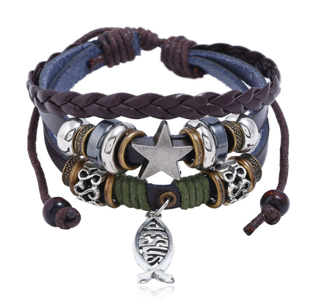 Adjustable drawstring closure on leather bracelet