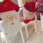 Red and green Christmas themed chair cover with holiday pattern for festive dining