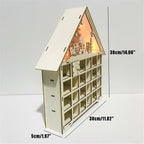 Wooden Christmas calendar cabinet placed on mantel surrounded by holiday decorations