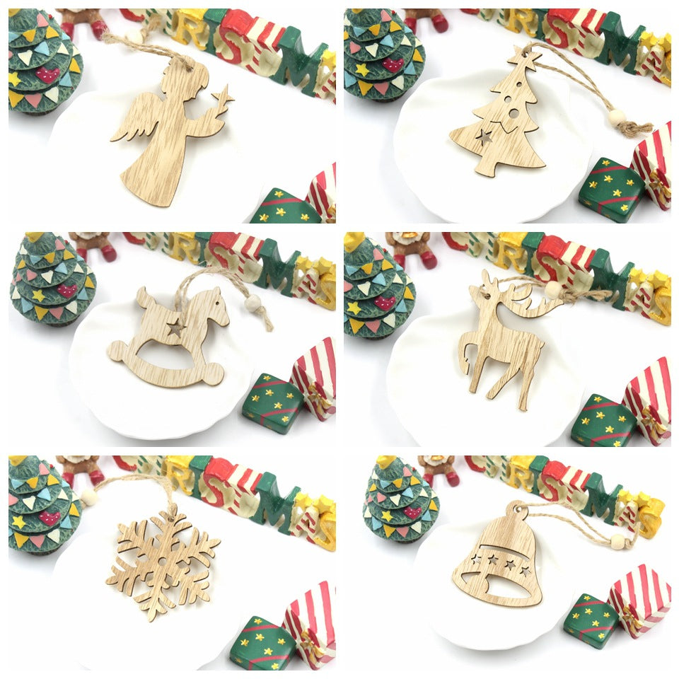 Rustic wooden elk pendant ornament from the Christmas set hanging on a festive background