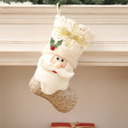 White fabric Christmas stocking in Nordic style ready for holiday mantel display