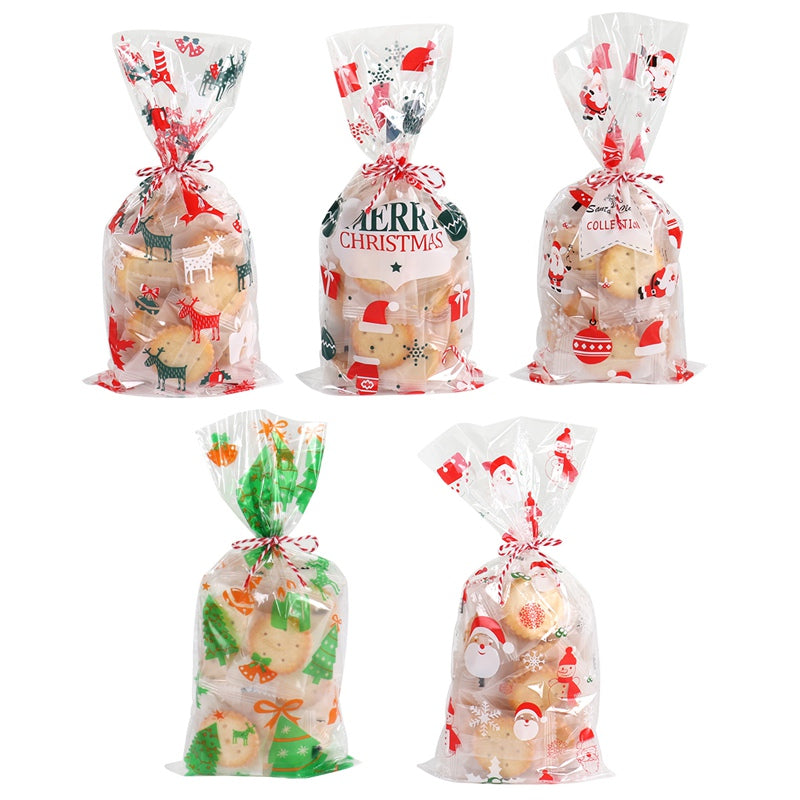 Close-up of Christmas candy bag showing festive pattern and red ribbon