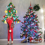 Close up of colorful felt ornaments including star snowman and Santa Claus pieces