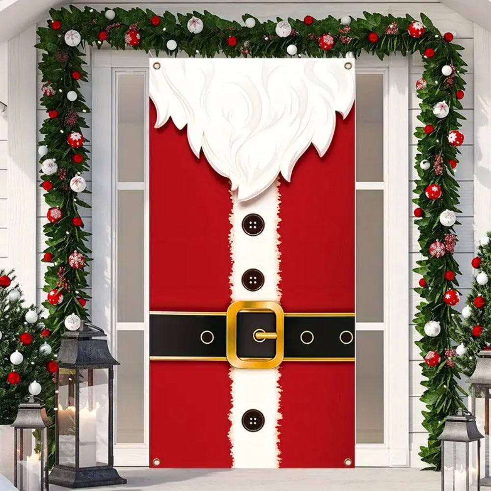 Festive Christmas door curtain hanging against a winter backdrop for seasonal home decorating