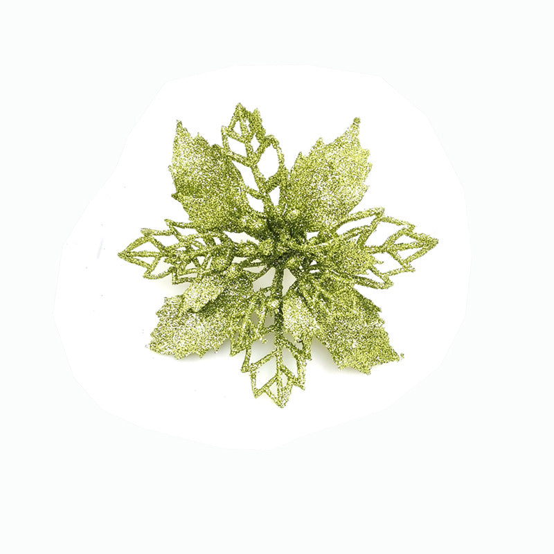 Shimmering green glitter Christmas flower ornament for holiday tree decoration