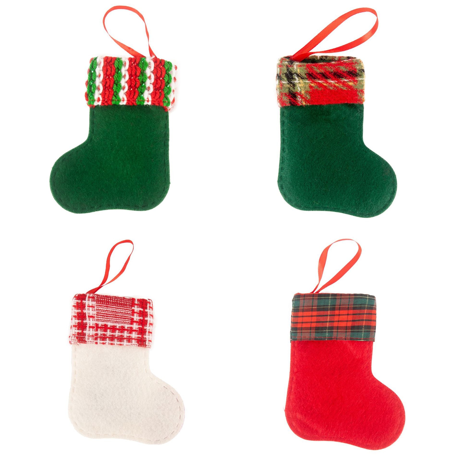 Four colorful fabric stocking ornaments arranged in a decorative row