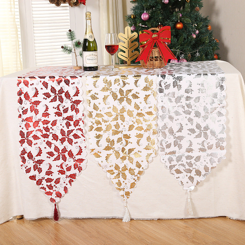 Christmas Star Snowflake Table Runner - Holiday table runner with red leaves and festive star accent on quality cloth