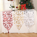 Christmas Star Snowflake Table Runner - Holiday table runner with red leaves and festive star accent on quality cloth