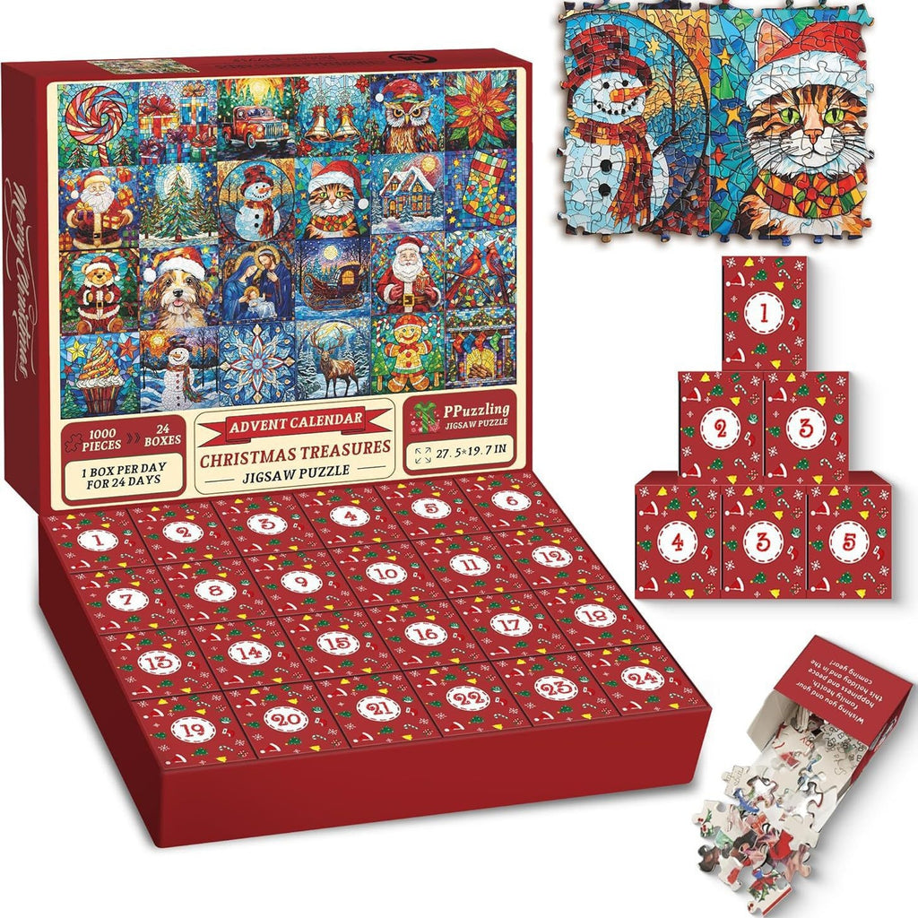 Wooden mantel decorated with Christmas puzzle countdown calendar and greenery