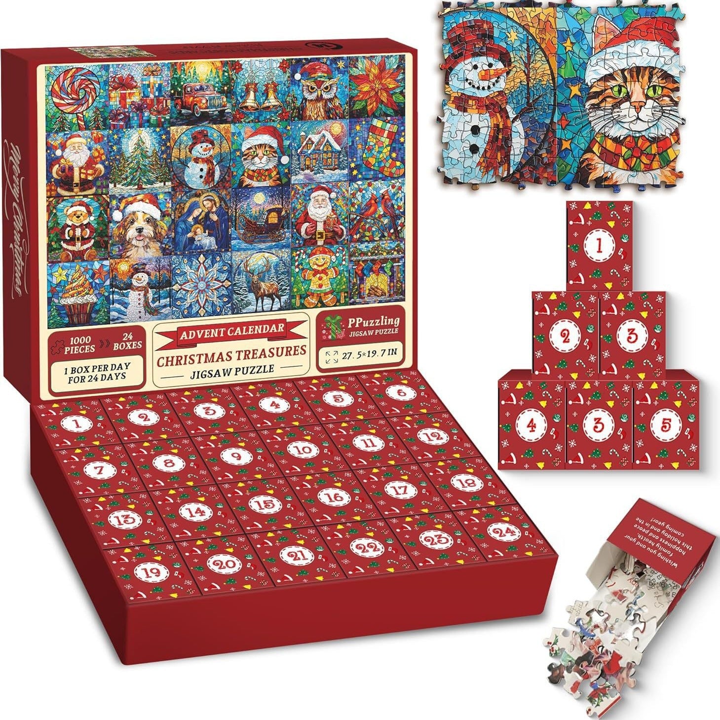 Wooden mantel decorated with Christmas puzzle countdown calendar and greenery