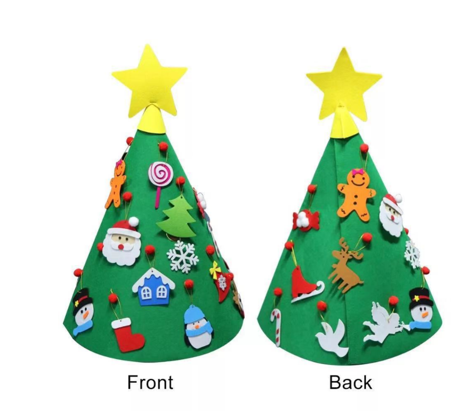 Family hands working together assembling felt Christmas tree craft puzzle