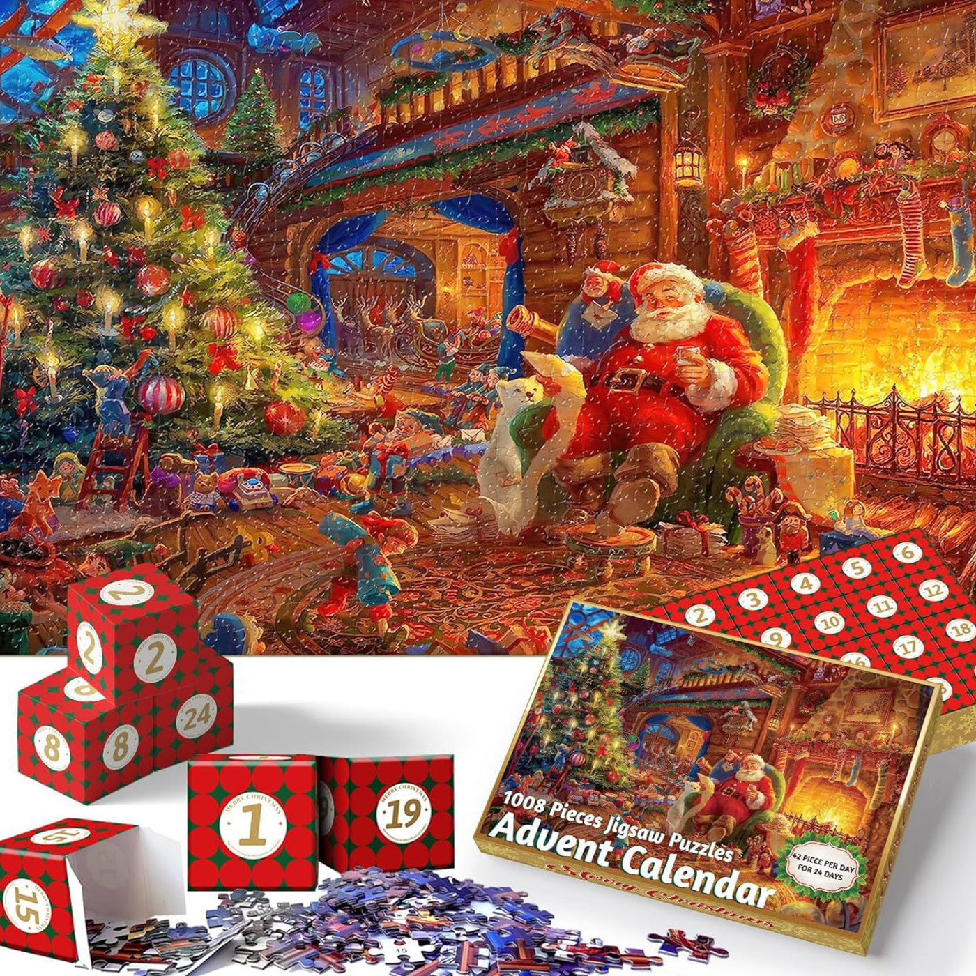 Festive Santa Claus winter scene puzzle for Christmas countdown on wooden table Main image