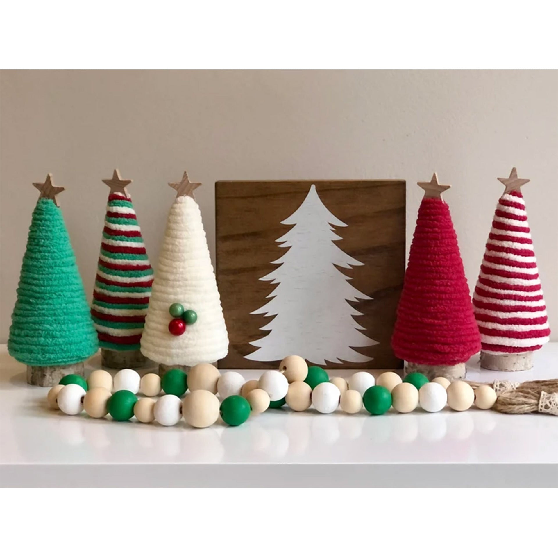 Assorted cotton thread mini Christmas tree decorations in holiday colors