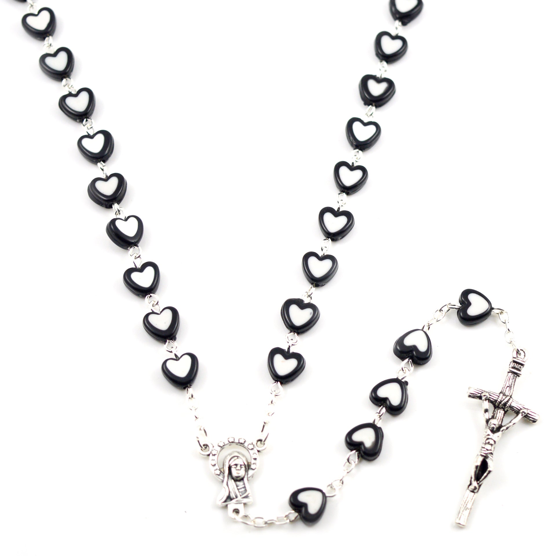 Colorful faith rosary necklace worn by young woman