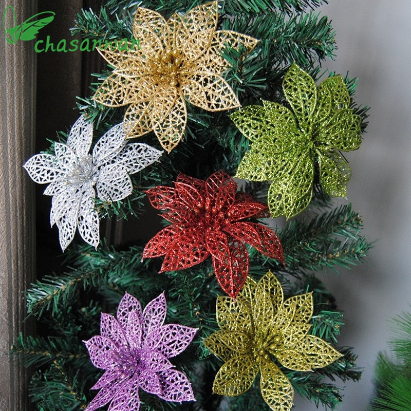 Gold and silver Christmas glitter flowers in decorative set display