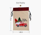 Close-up of imitation linen cloth texture on Christmas forest gift bag