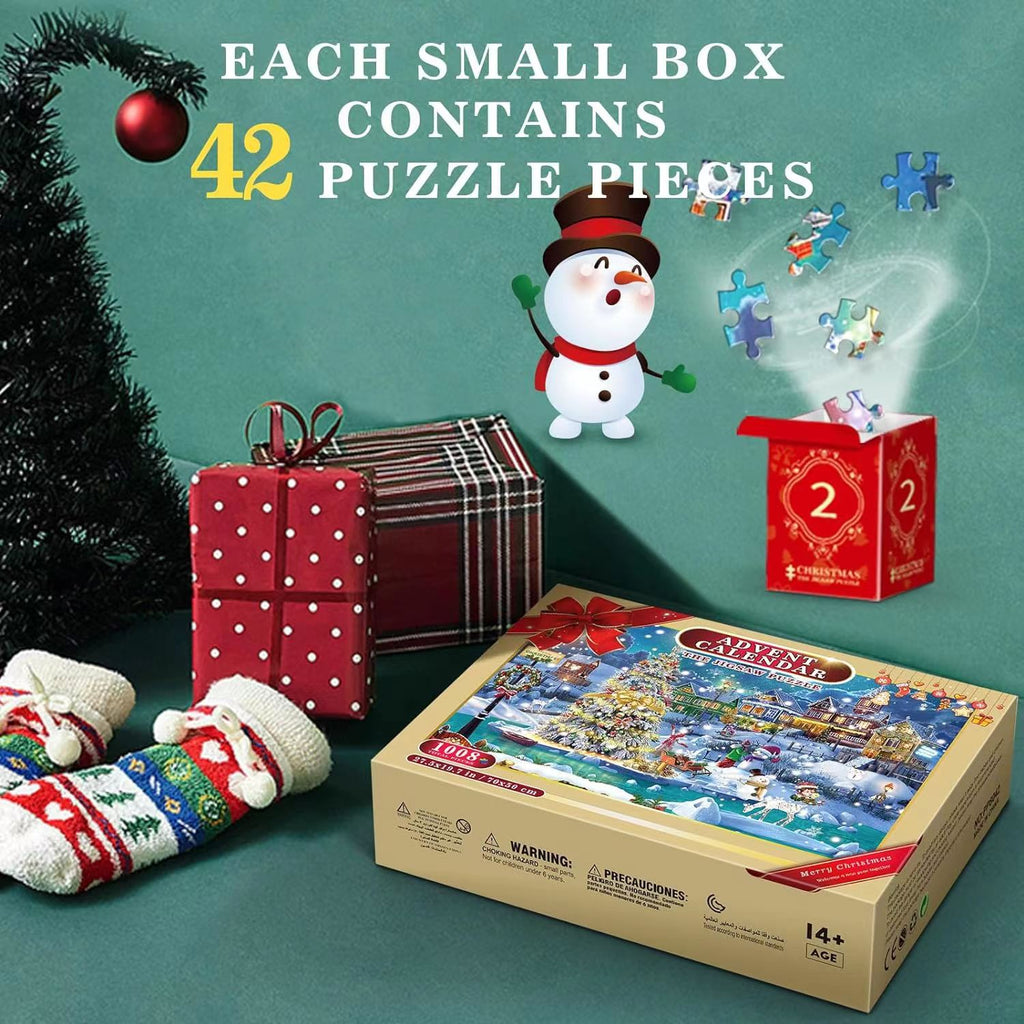 Stacked puzzle pieces in Christmas colors with holly decorations scattered around - Advent Calendar Puzzle