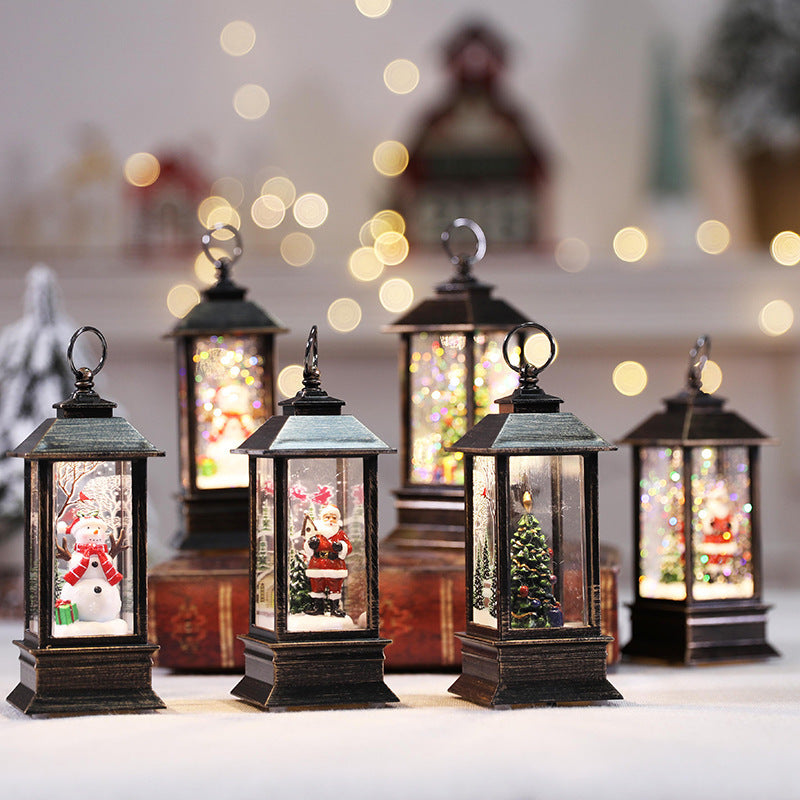 Christmas oil lamp with square base and glowing flame illumination