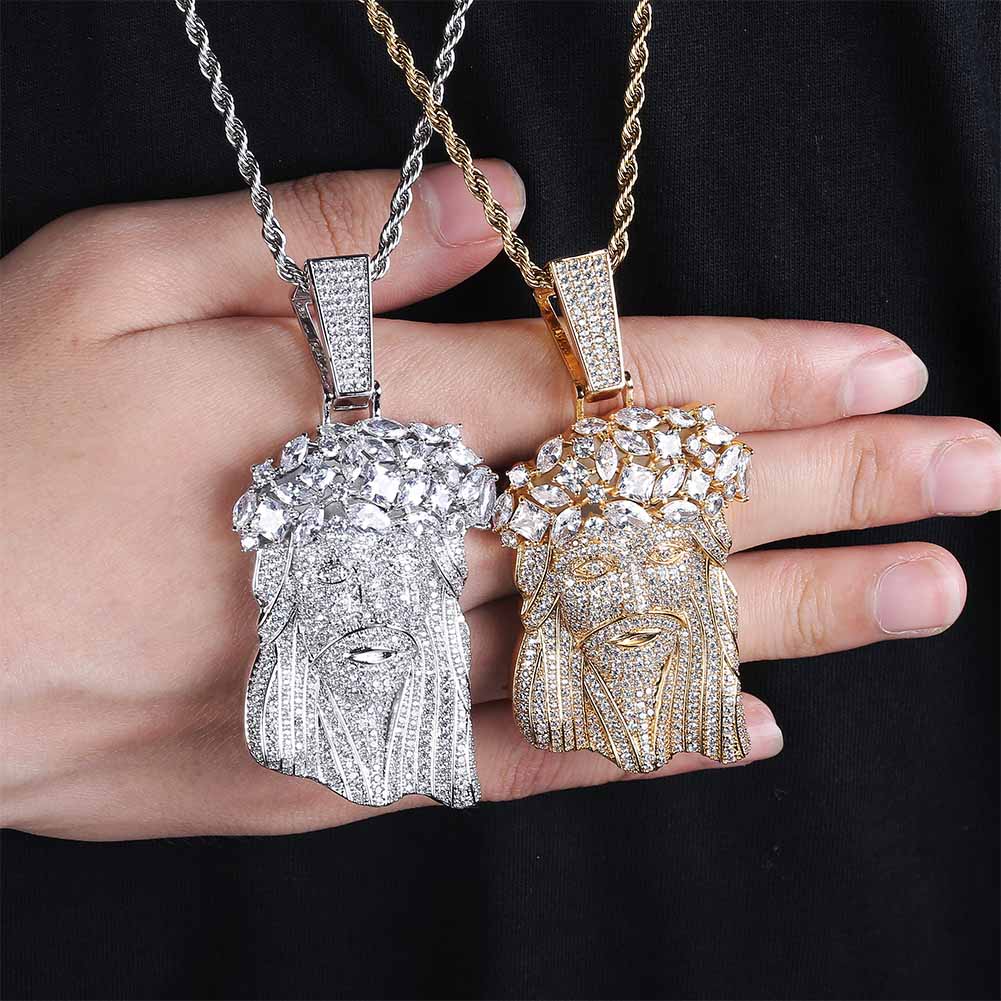 Jesus zircon pendant featuring detailed religious image in platinum finish
