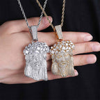 Jesus zircon pendant featuring detailed religious image in platinum finish