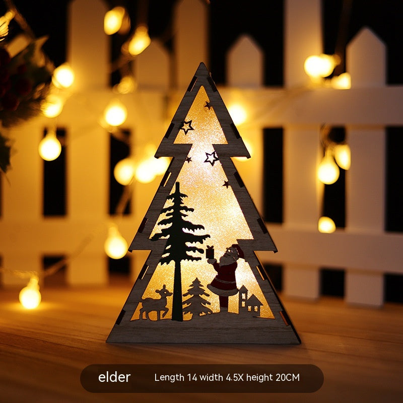 Wooden luminous Christmas ornament displayed in warm lighting for seasonal home decor