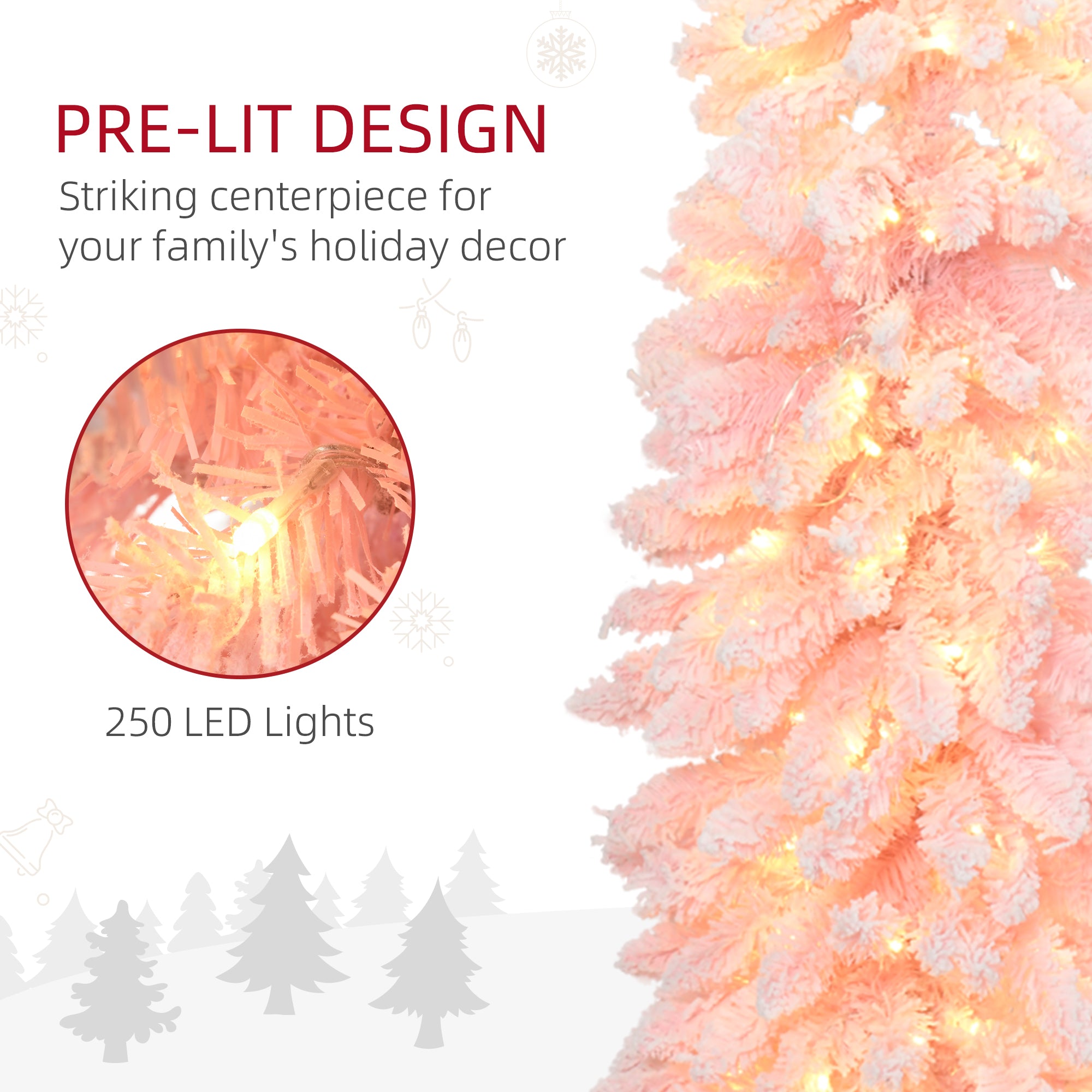 7ft Pink Flocked Pencil Christmas Tree with LED Lights