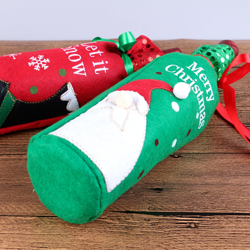 Festive wine bottle cover ornament in red and green for Christmas celebrations