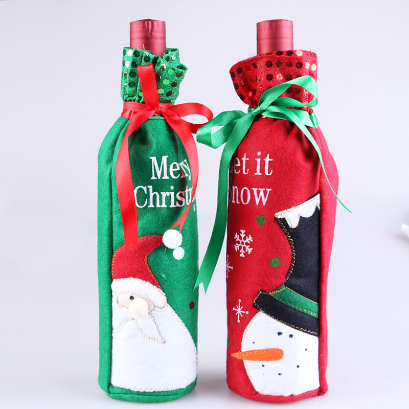 Christmas wine bottle ornament displayed on kitchen counter with holiday decorations