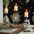 Romantic wrought iron Christmas candlestick with snowflake design on rustic surface