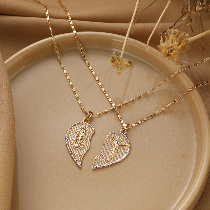 Gold electroplated twin heart pendant necklace with Jesus pattern detail Main image