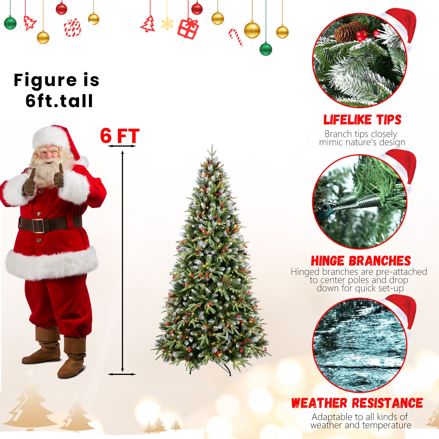 Pre-lit Christmas tree with red berry and pine cone decorations in warm white glow Main image