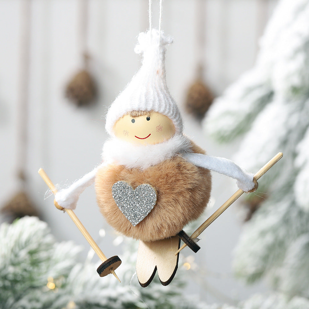 Gray pompom doll Christmas decoration pendant in velvet and wood materials