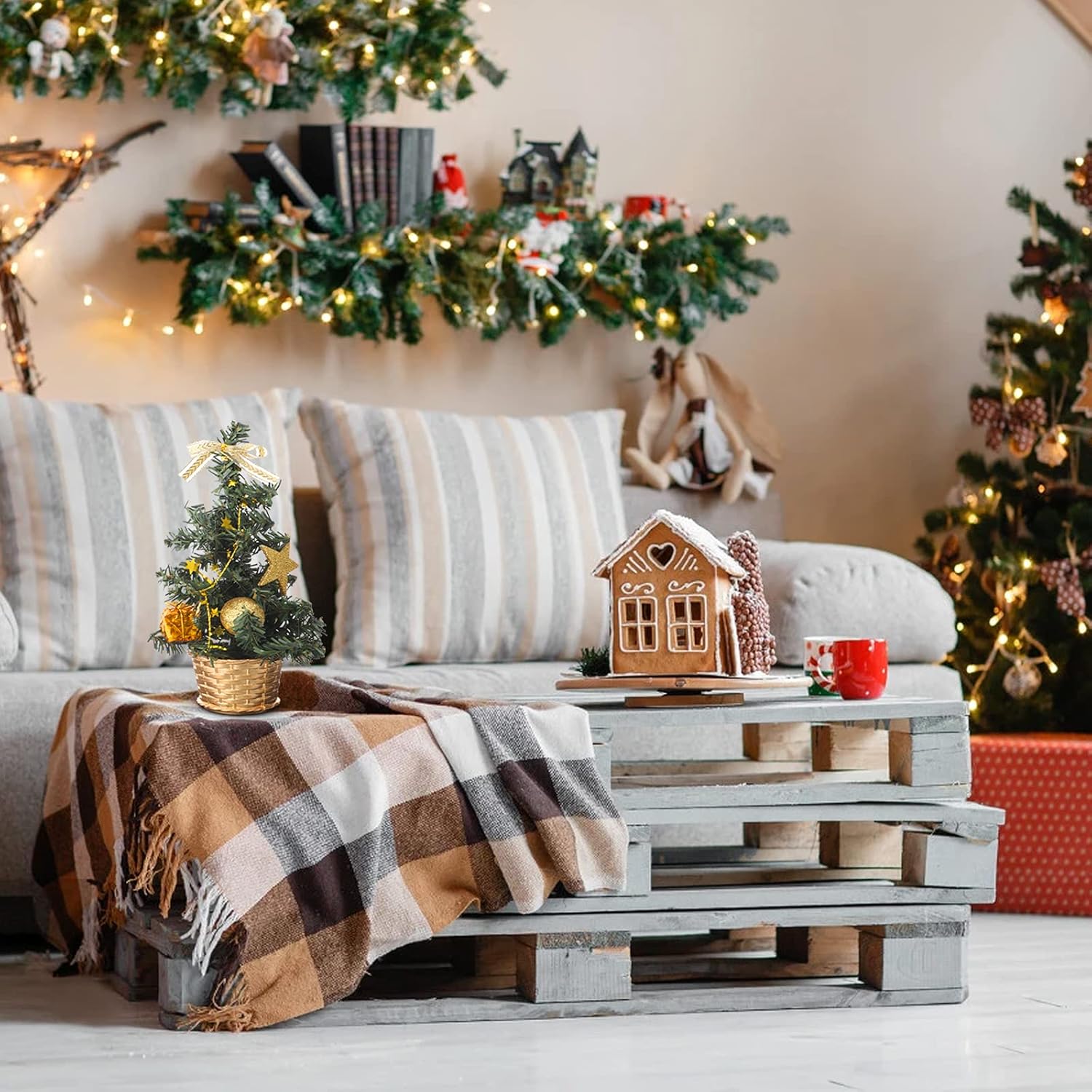 Close-up of small artificial Christmas tree with holiday charm