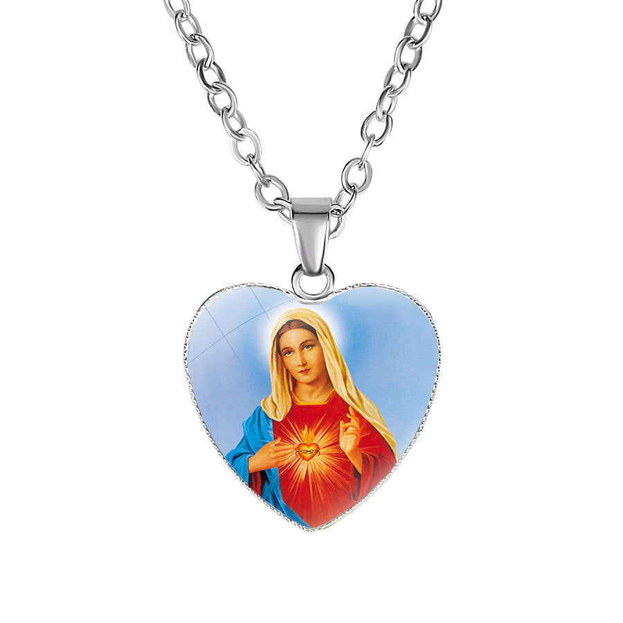 Heart-shaped religious jewelry pendant featuring Virgin Mary