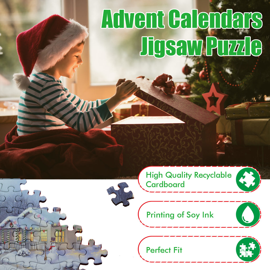 Close-up view of completed cardboard puzzle models from the Christmas countdown calendar set